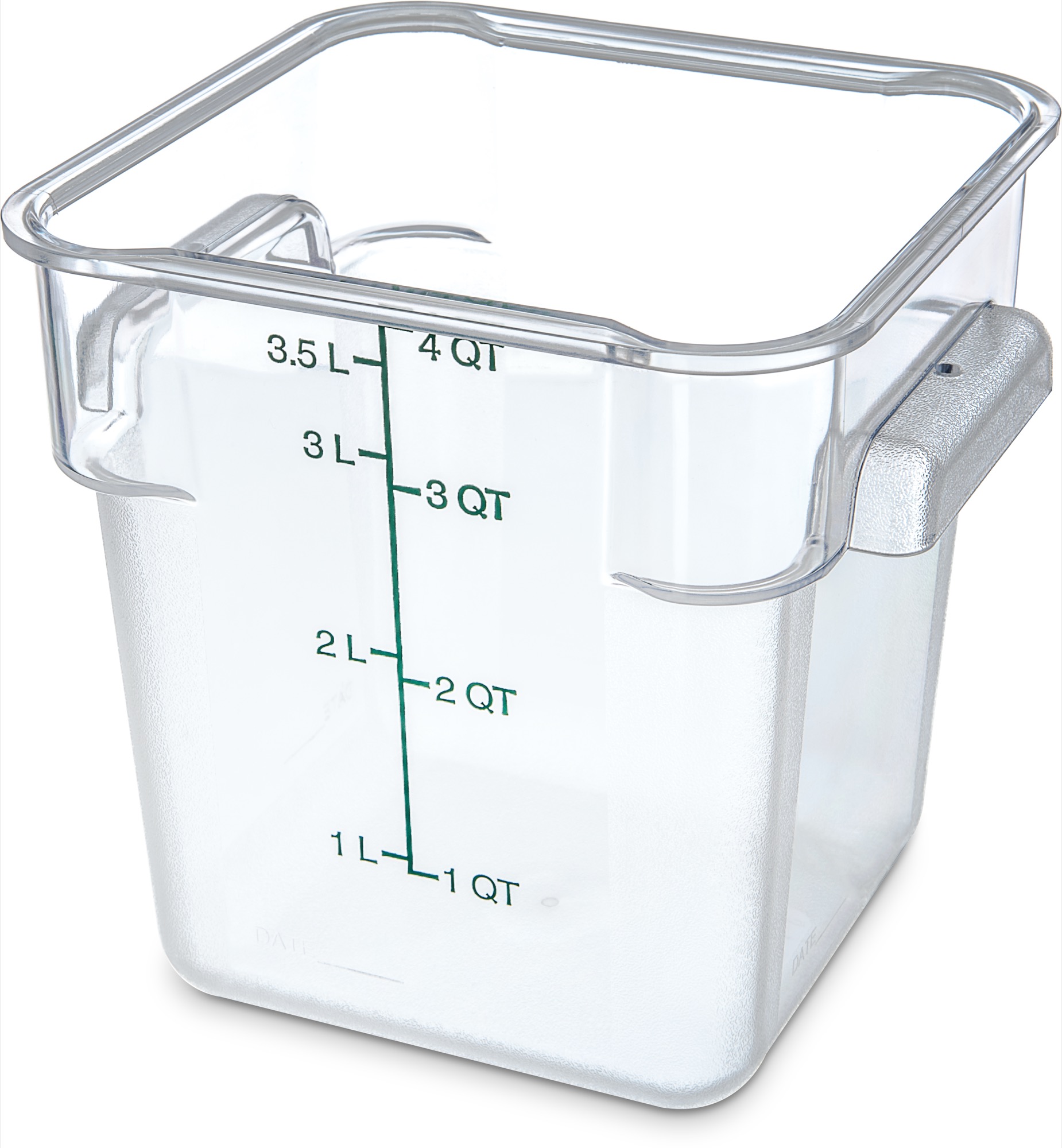 1195107 Carlisle StorPlus Clear Square Food Container 4L Capacity. Includes handles with drain holes 181mm x 181mm x 185mm