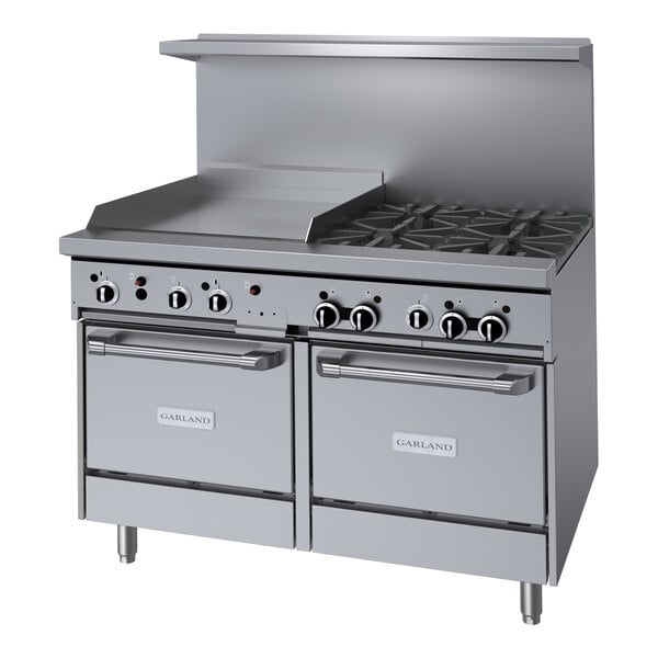 GF48-4G24LL-LH-NG - Garland Restaurant Range 1200mm Wide 4 Burner 600mm LHS Grill w 2 Ovens Nat Gas
