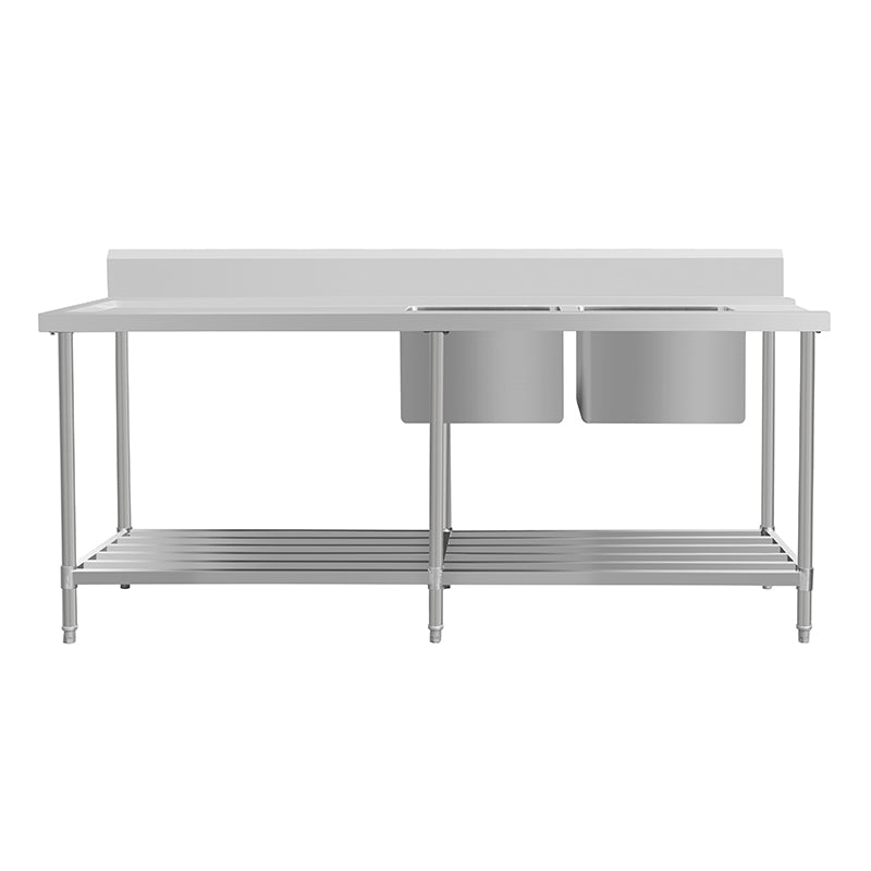 kitchen knock - Inlet Bench - Double Sink with Splashback & Pipe Undershelf Inlet & Sink on Right / 700 / ASDD-1870R