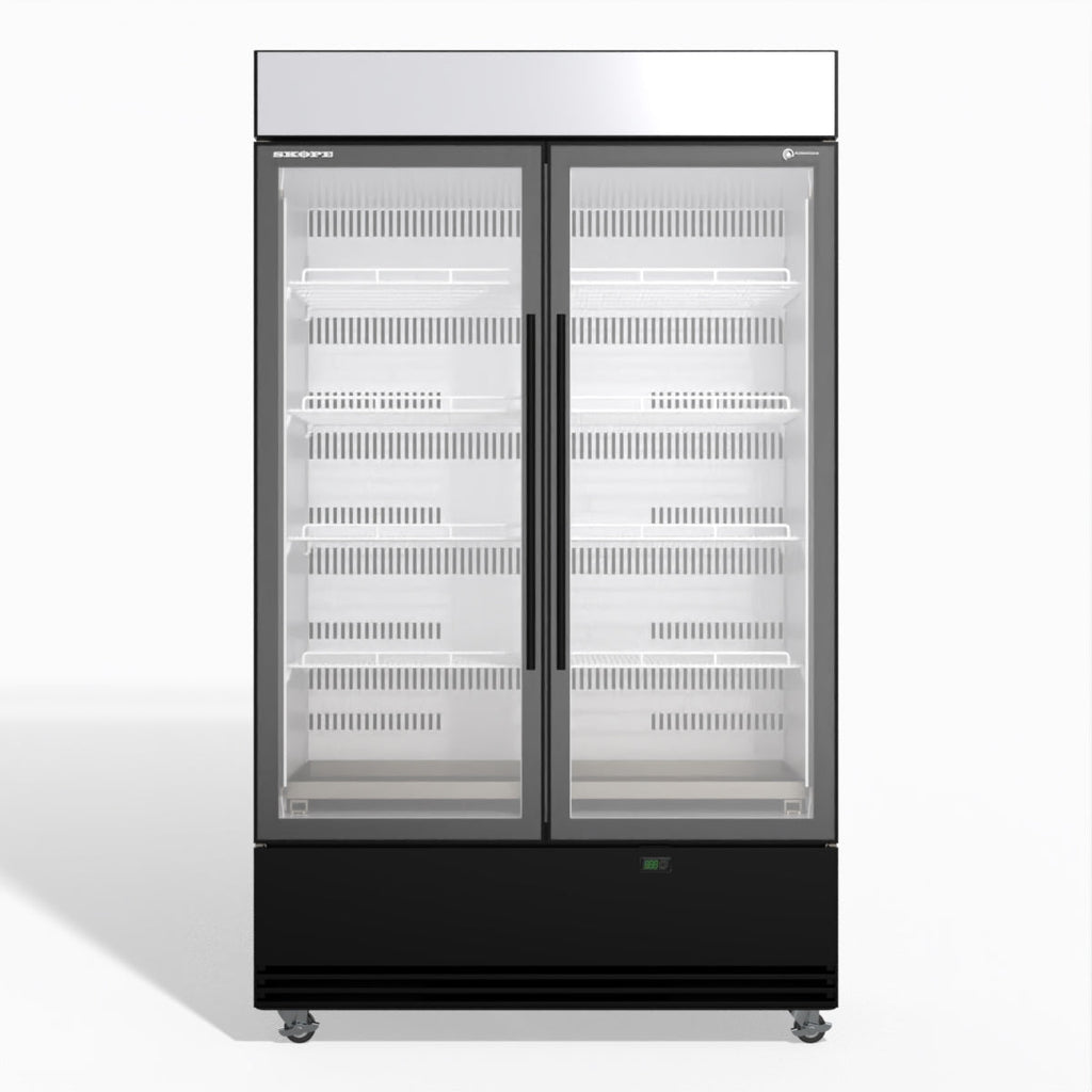 Skope BME1200N-AC 2 Glass Door Display or Storage Fridge, Lit Sign Black/White