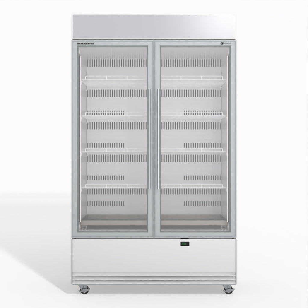Skope BME1200N-AC 2 Glass Door Display or Storage Fridge, Lit Sign WHITE
