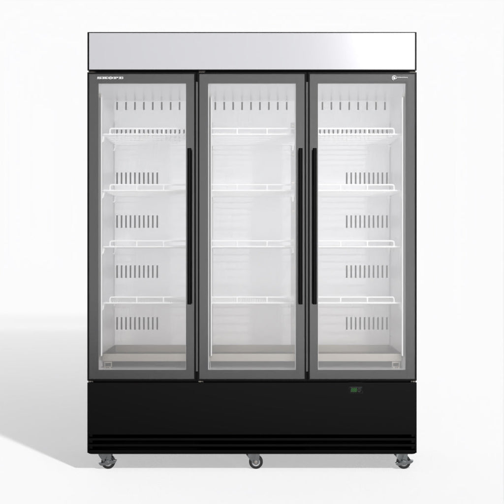 Skope BME1500N-AC 3 Glass Door Display or Storage Fridge, Lit Sign Black/White