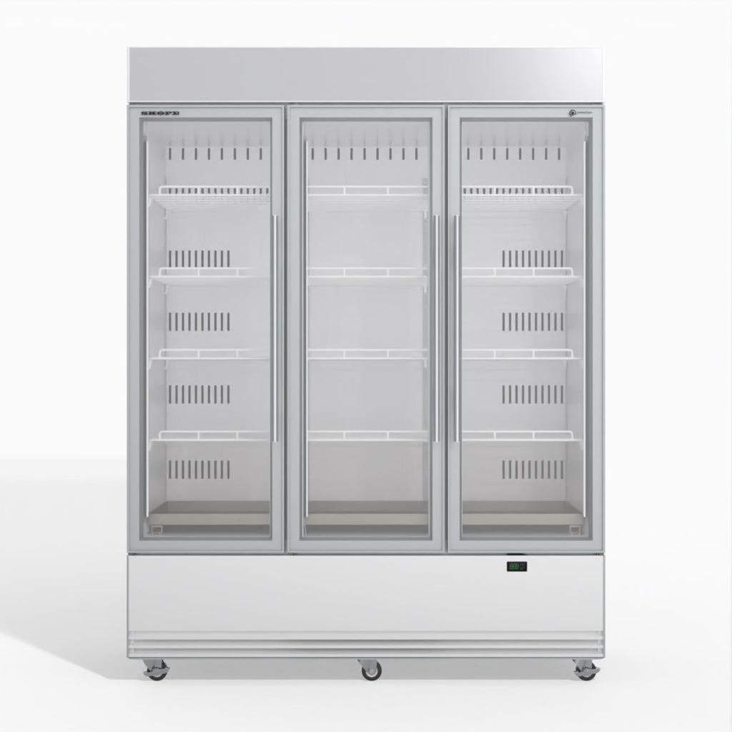 Skope BME1500N-AC 3 Glass Door Display or Storage Fridge, Lit Sign WHITE