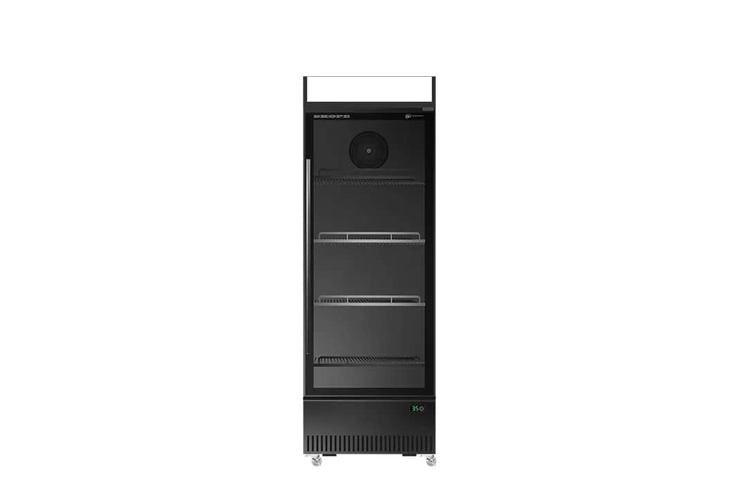 SKOPE BME300N-AC ActiveCore SlimLine - 1 Upright Glass Door Fridge, Lit Sign - BLACK