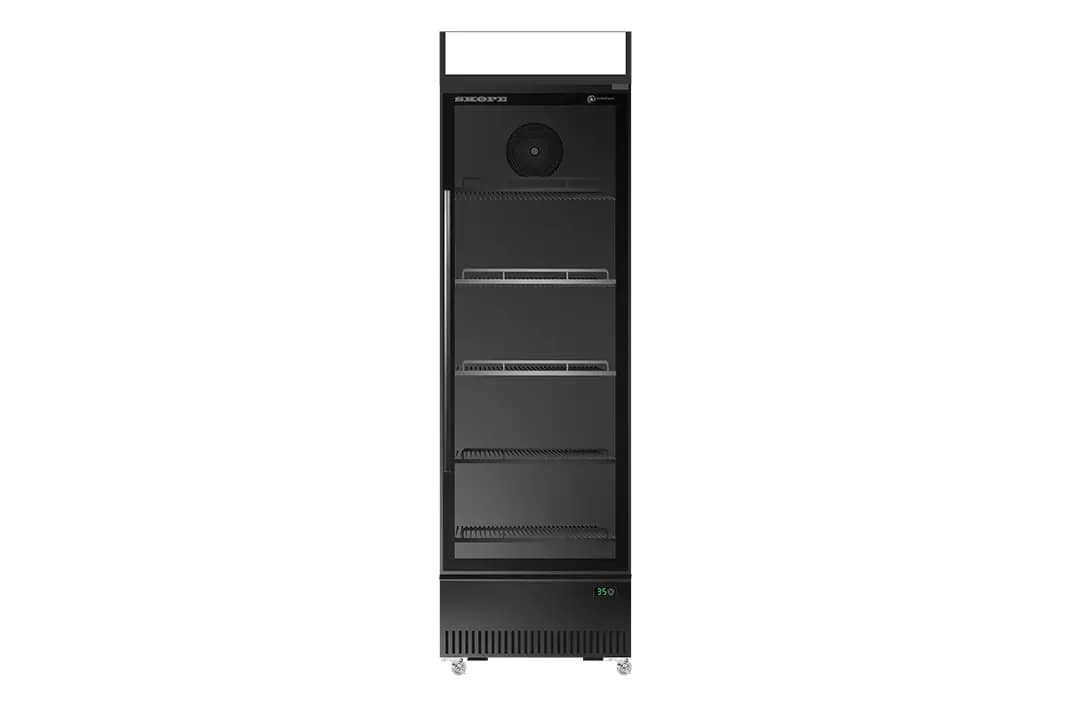 SKOPE BME400N-AC ActiveCore SlimLine - 1 Upright Glass Door Fridge, Lit Sign - BLACK