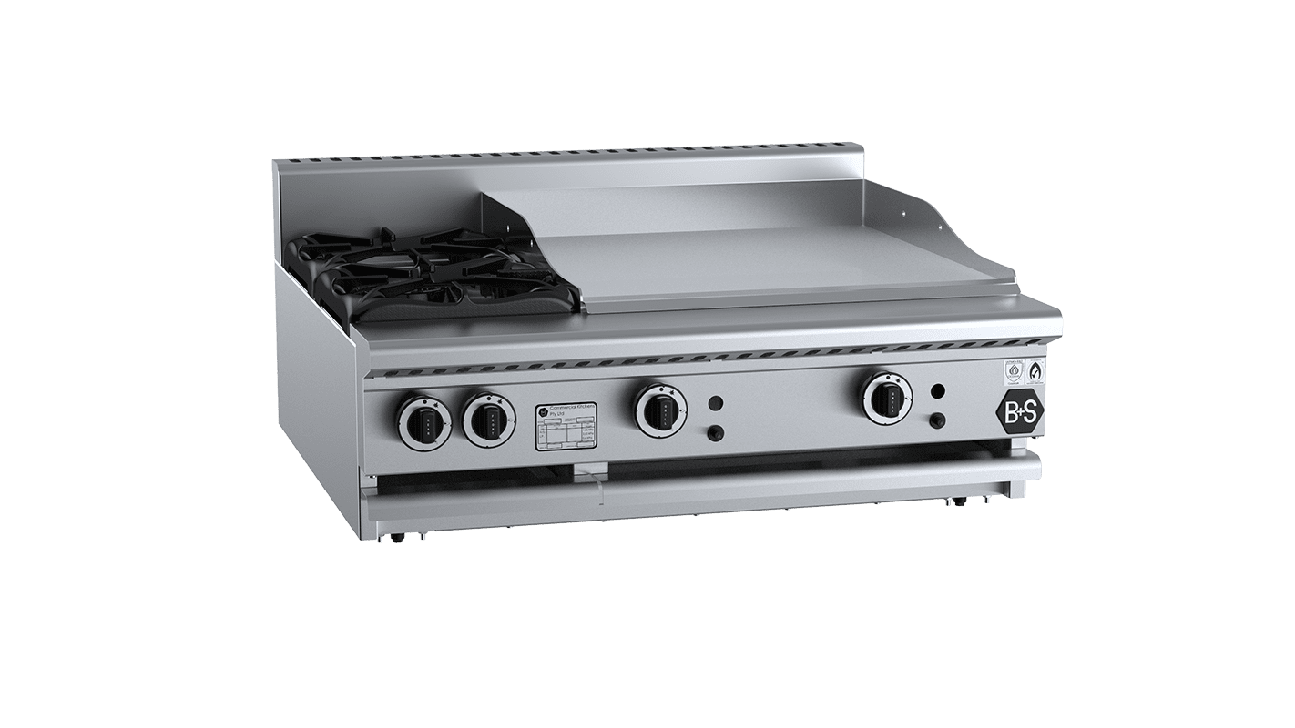 B+S Black BT-SB2-GRP6BM - Combination Two Open Burners 600mm Grill Plate Bench Mounted