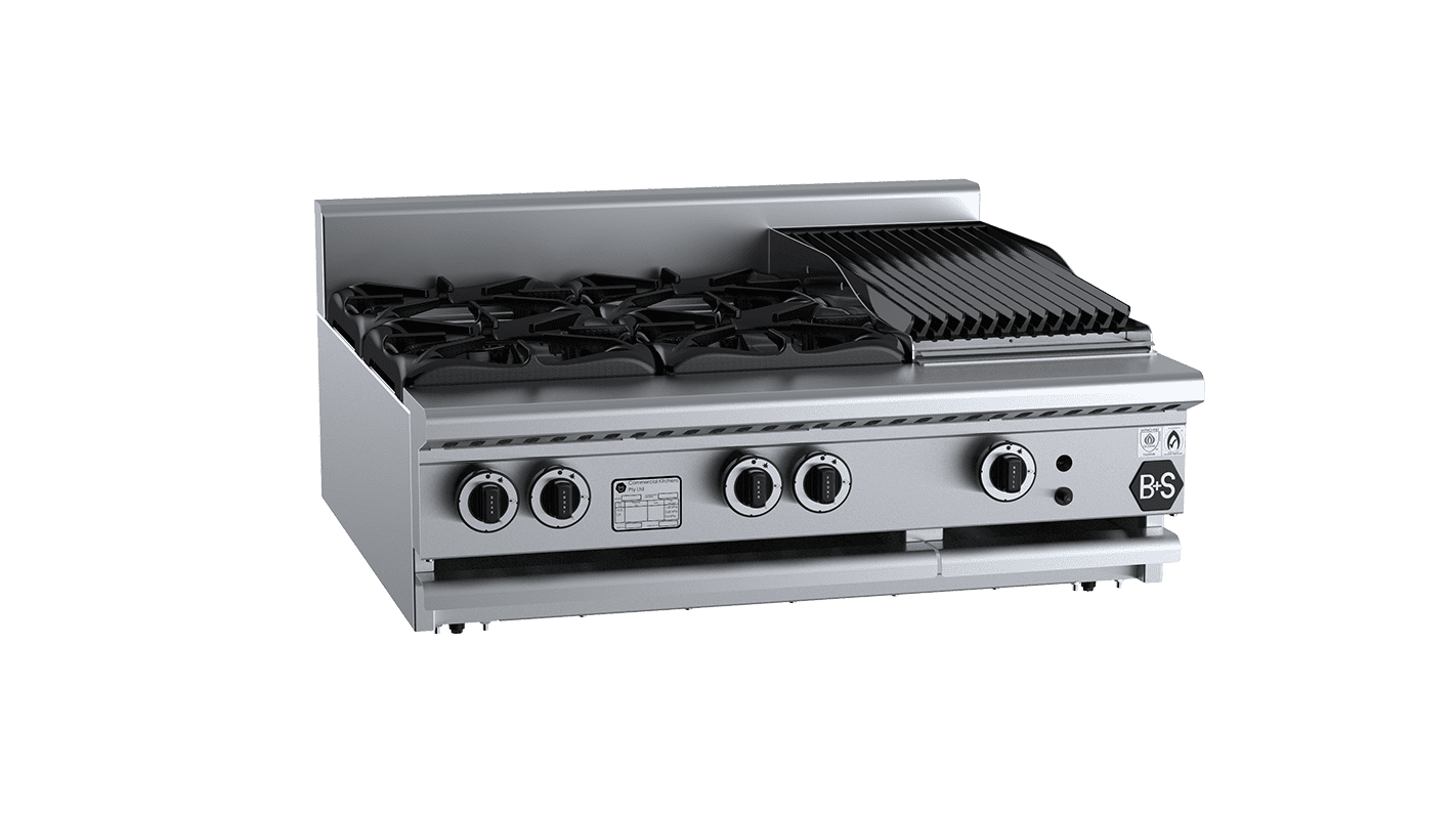 B+S Black BT-SB4-CBR3BM - Combination Four Open Burners 300mm Char Broiler Bench Mounted