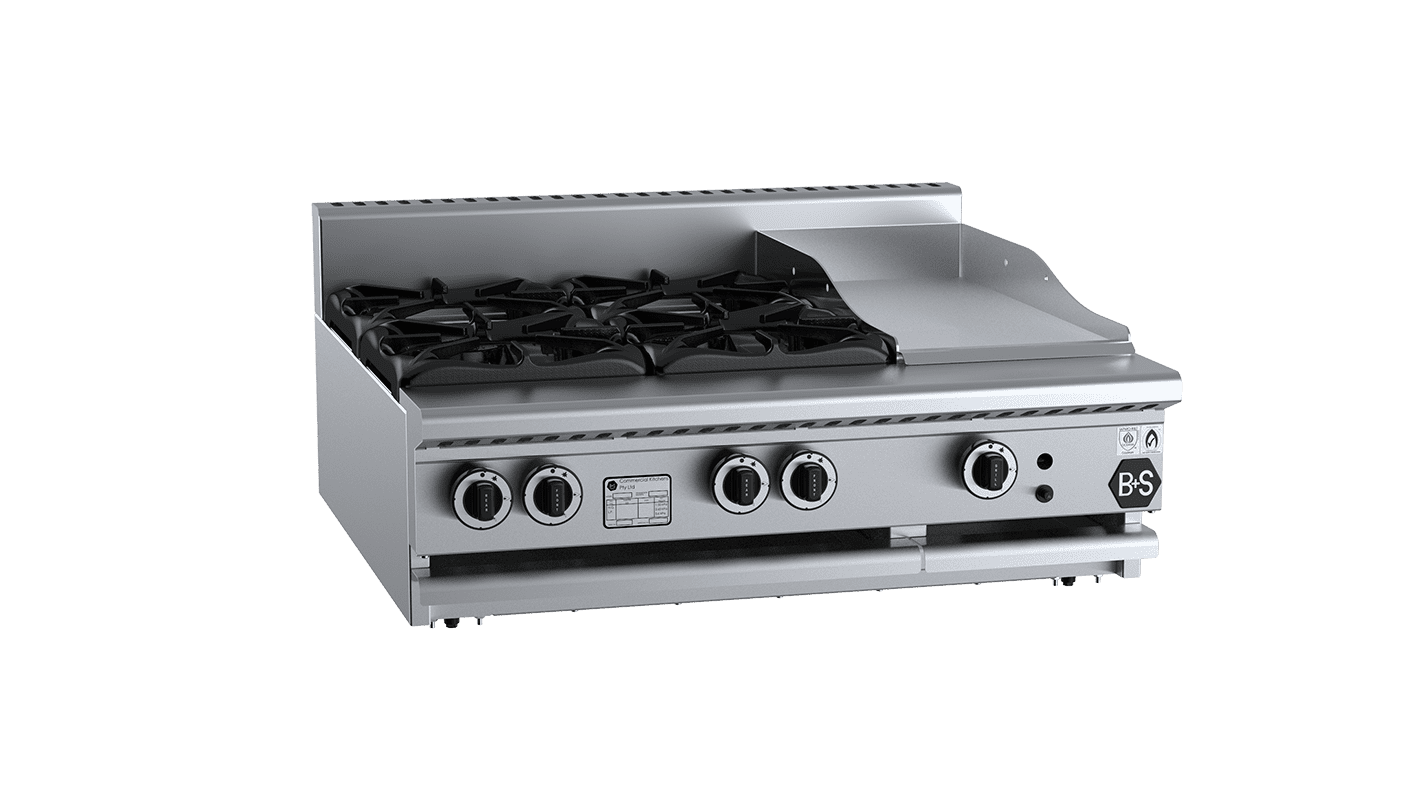 B+S Black BT-SB4-GRP3BM - Combination 4 Open Burners 300mm Grill Plate Bench Mounted
