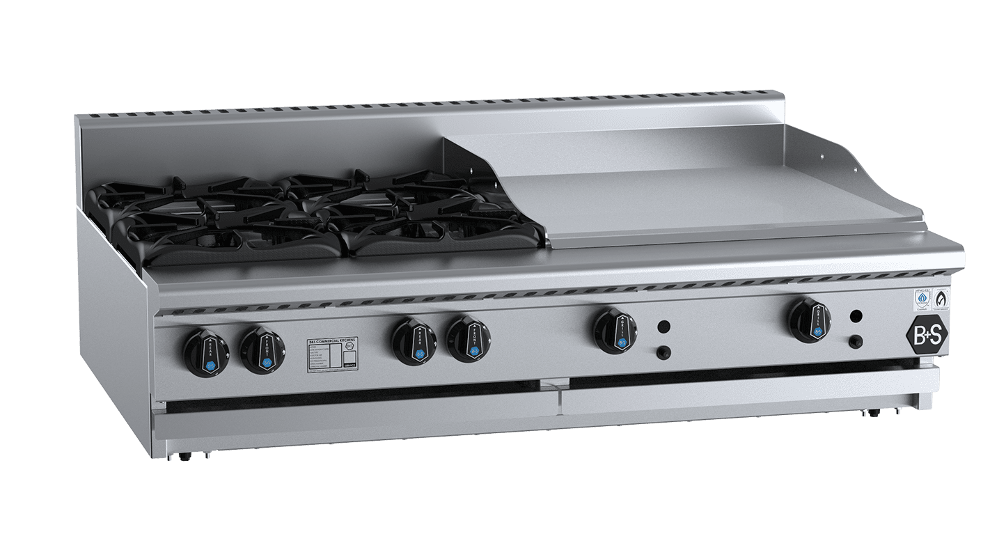 B&S BLACK BT-SB4-GRP6BM Combination 4 Open Burners 600mm Grill Plate Bench Mounted