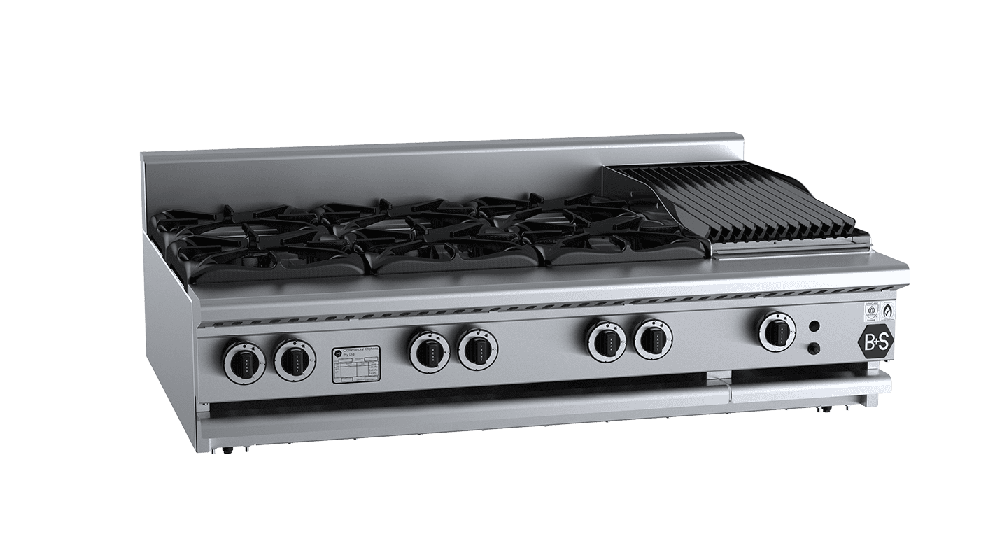 B+S Black BT-SB6-CBR3BM - Combination 6 Open Burners 300mm Char Broiler Bench Mounted