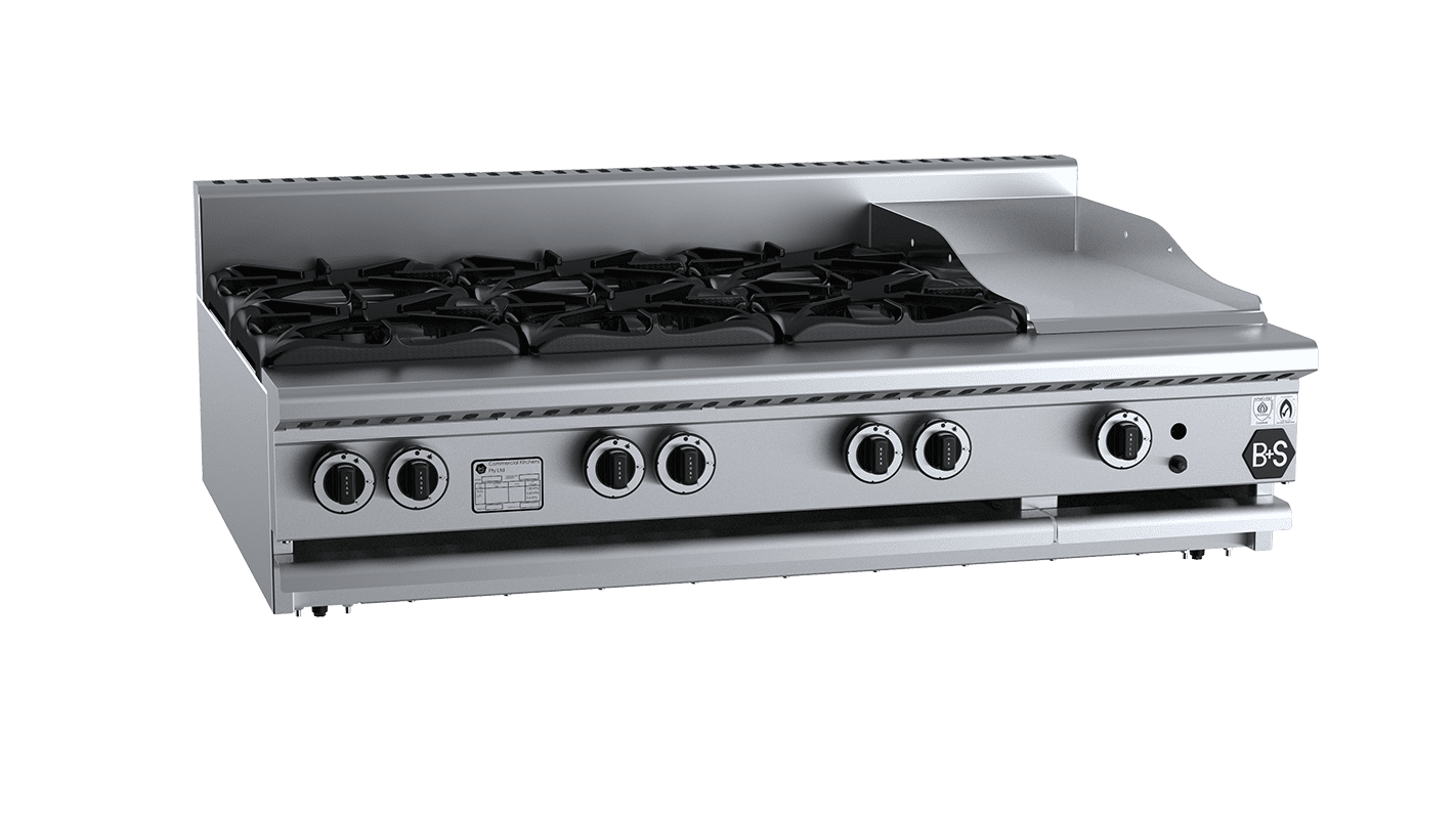 B+S Black BT-SB6-GRP3BM - Combination 6 Open Burners 300mm Grill Plate Bench Mounted