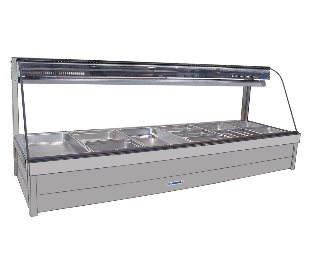Roband Curved Glass Hot Food Display Bar, 12 pans double row with roller doors
