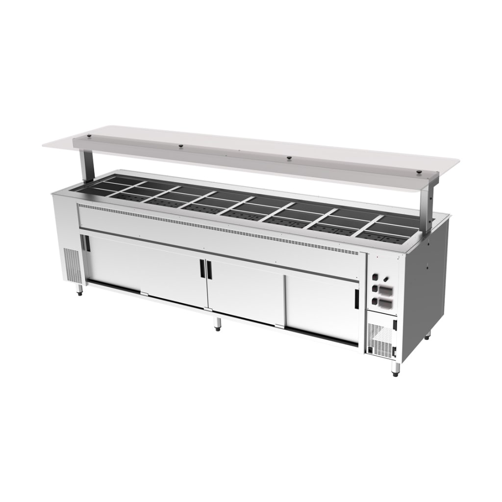 Culinaire CH.BMHC.U.GSF.8 Under Bench Counter Line Bain Marie Hot Cupboard With Flat Glass Gantry - Stainless Steel