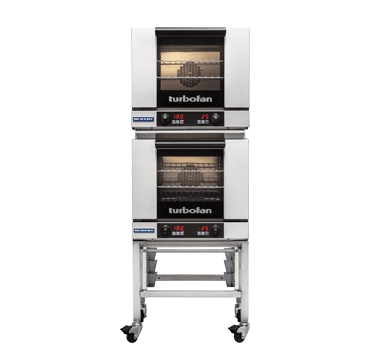 Turbofan E23D3/2C - Half Size Tray Digital Electric Convection Ovens Double Stacked on a Stainless Steel Base Stand