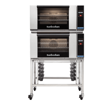 Turbofan E27T3-2C - Full Size Electric Convection Ovens Touch Screen Control Double Stacked on a Stainless Steel Base Stand