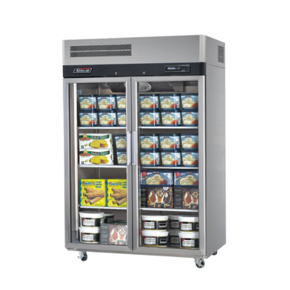Turbo Air KF45-2G-N Upright Freezer – 2 Glass Doors, Top Mount, Self-Cleaning Condenser, On Castors