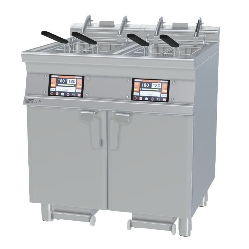 Lotus F2/18-78ETDPS Electric 18L + 18L Programmable Double Tank Fryer with Auto Oil Filtration | Auto Basket Lifters