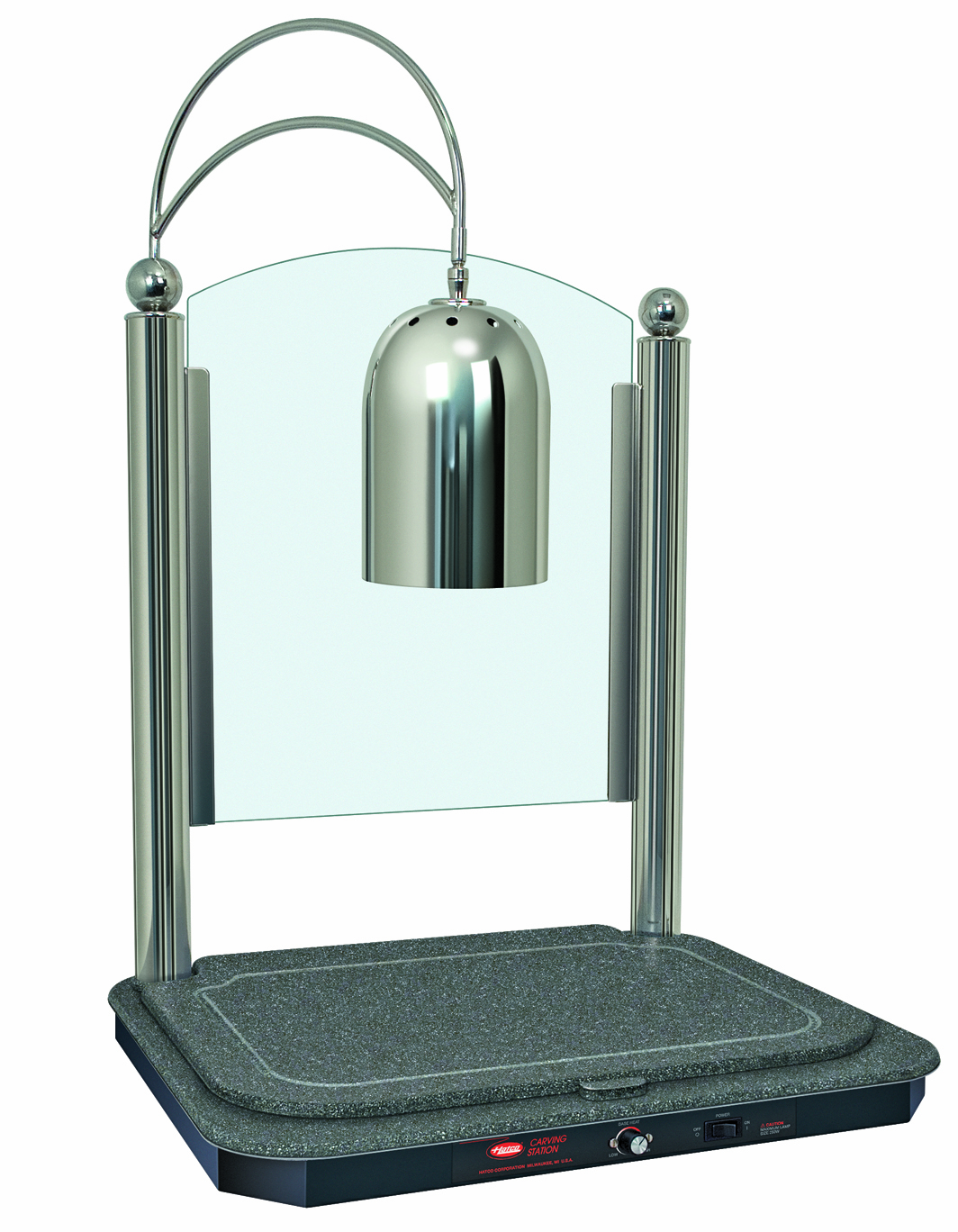 DCSB400-2420-1-NSBN Hatco Glo-Ray Decorative Glo Ray Carving Station with a Swanstone heated base, adjustable overhead light and sneeze guard - 608mm x 506mm x 864mm - 1168mm