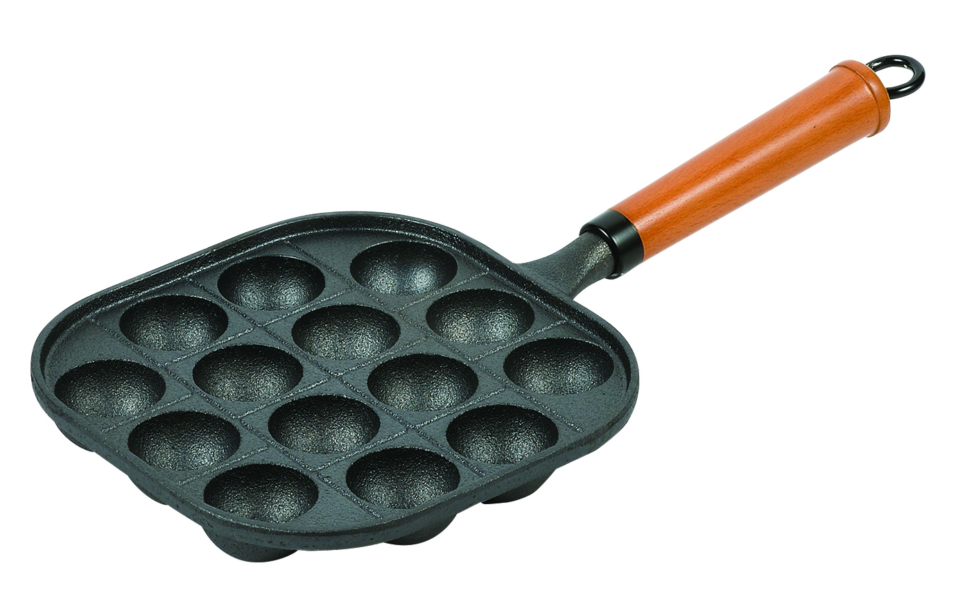 HB-6217 - Cast iron takoyaki (octopus ball) plate (14 balls) with wood handle