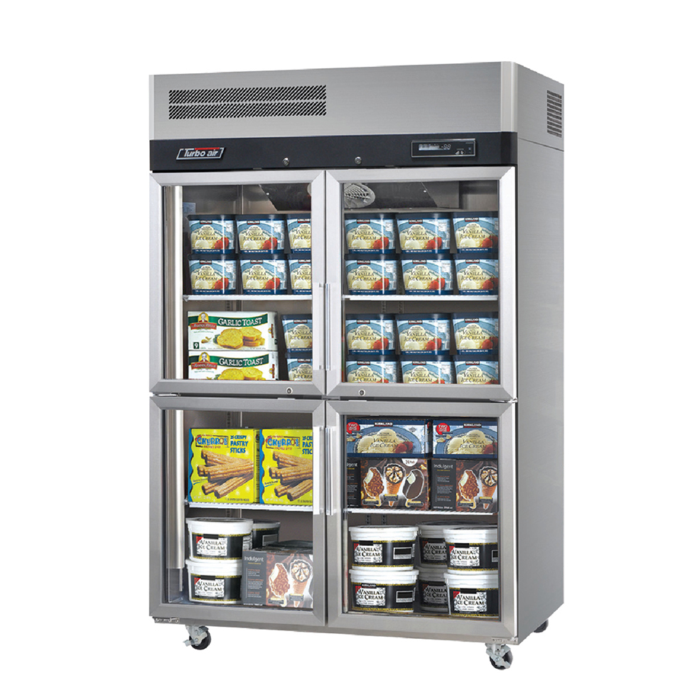 Turbo Air KF45-4G-N Upright Freezer – 4 Half Glass Doors, Top Mount, Self-Cleaning Condenser, On Castors