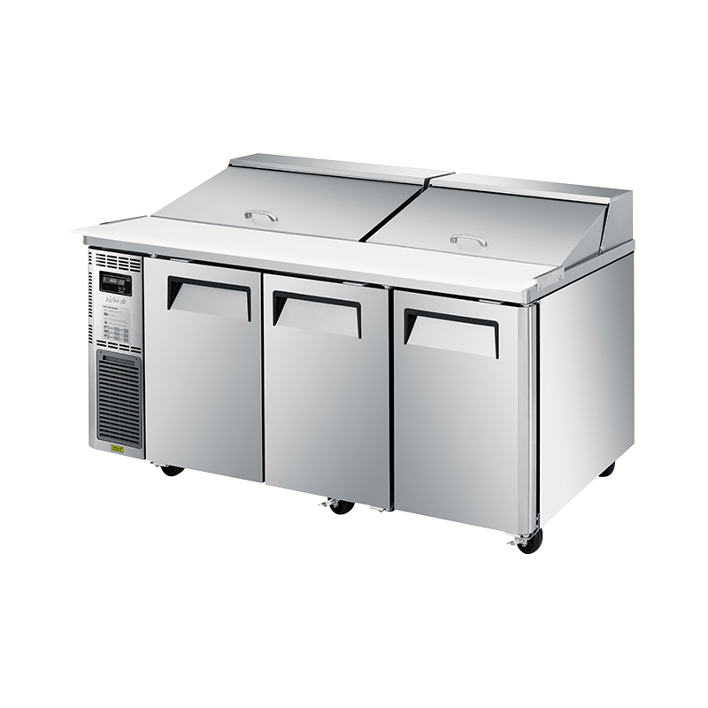 Turbo Air KHR18-3-N Undercounter Salad Prep Refrigerator – 3 Doors, Hood/Lid, Chill Air Over Pans, Front Breathing, Self-Cleaning Condenser
