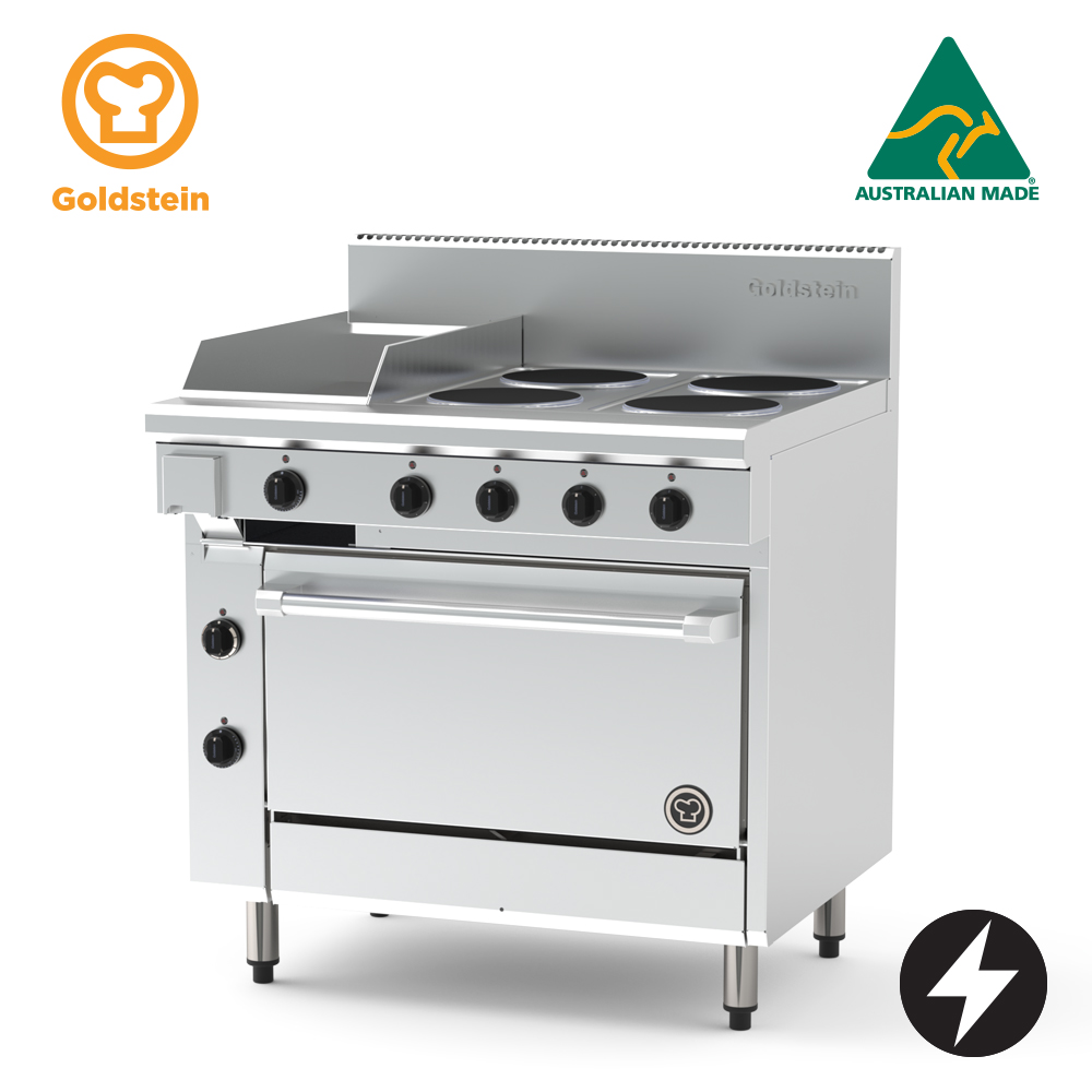 Goldstein PE12G4S28-X Electric Oven Range, 4 Solid Plates, 289mm Griddle, Static Oven