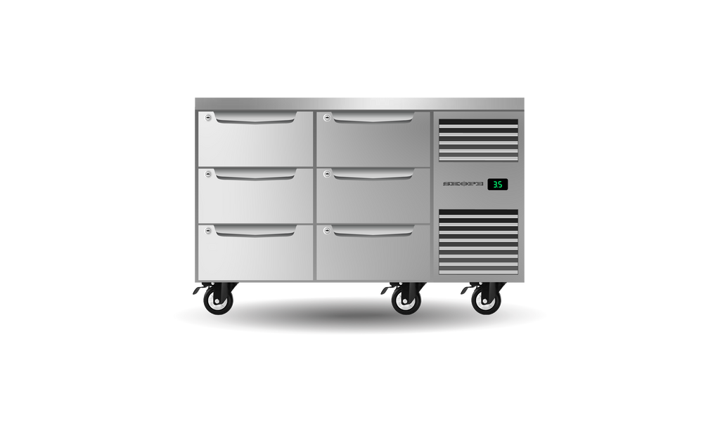 Skope Six Drawer, Two Bay, Underbench GN 1/1 Right Hand Fridge STAINLESS STEEL