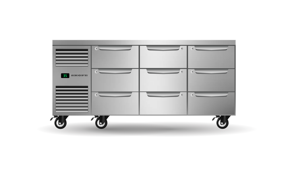 Skope Nine Drawer, Three Bay, Underbench GN 1/1 Fridge STAINLESS STEEL