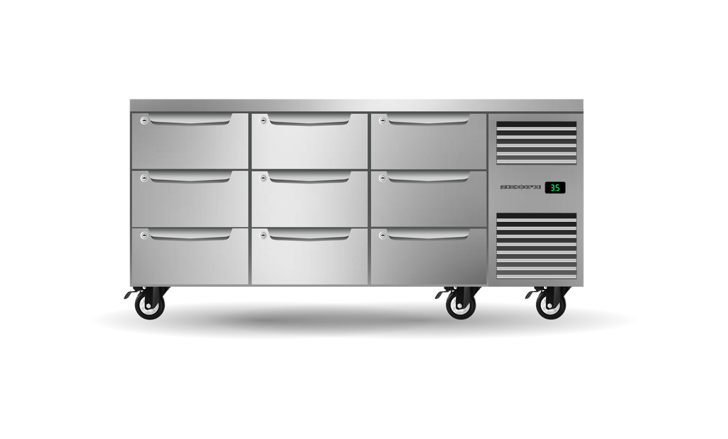 Skope Nine Drawer, Three Bay, Underbench GN 1/1 Right Hand Fridge STAINLESS STEEL