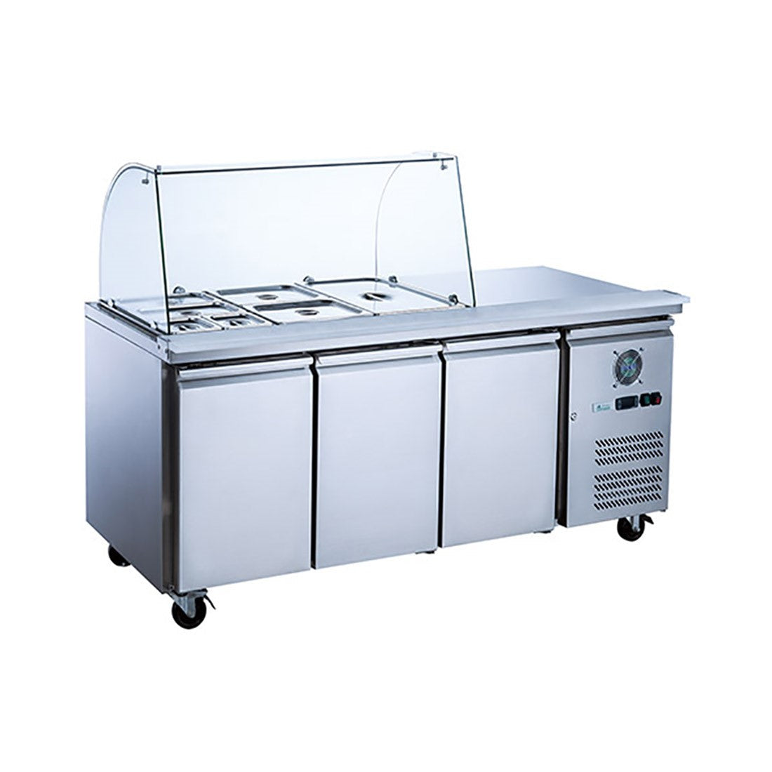 Thermaster FED-X Three Door Salad Prep Fridge with Curve Glass Top XTHP3100SALGC