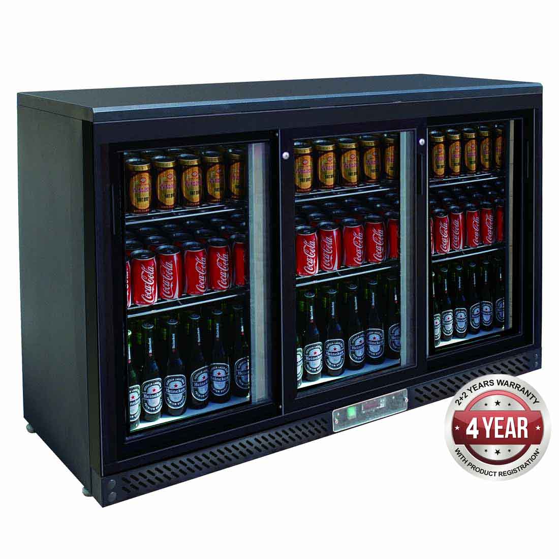 Thermaster 320L Three Sliding Door Back Bar Fridge