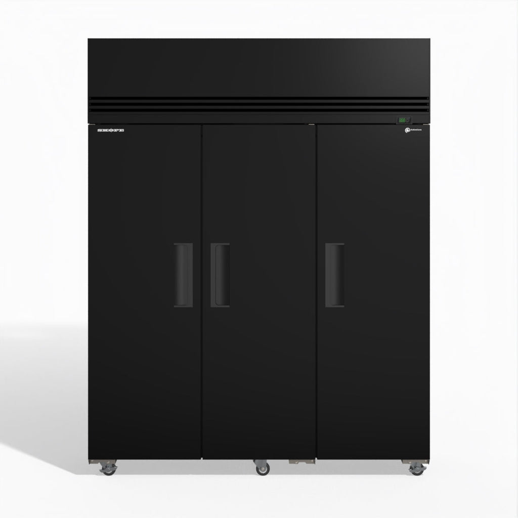 Skope SKFT1500NS-A 3 Solid Door Upright Display or Storage Freezer BLACK