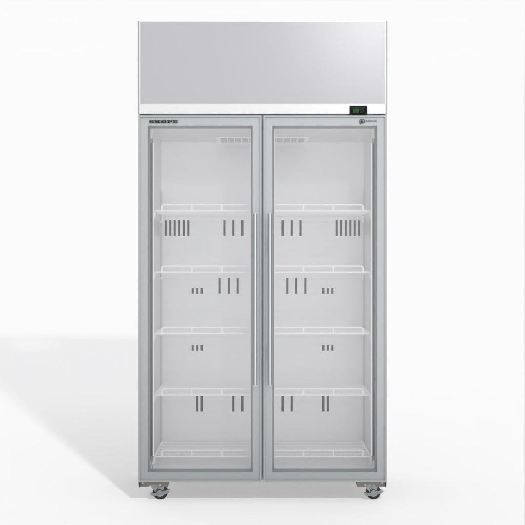 Skope TME1000N-AC 2 Glass Door Display or Storage Fridge, Lit Sign WHITE
