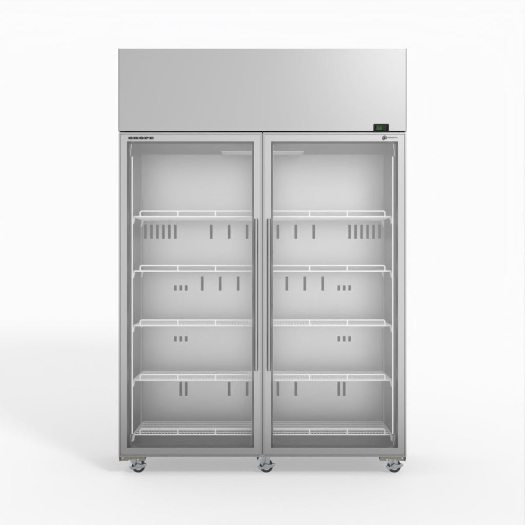 Skope SKT1300N-A 2 Glass Door Display or Storage Fridge STAINLESS STEEL