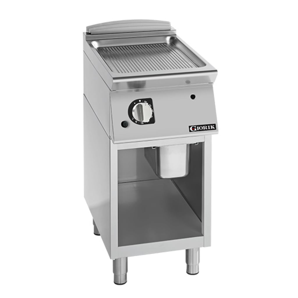 Giorik 700 Series 400mm wide Ribbed Satin Chrome Gas Frytop on Open Base FRG72GCRXT