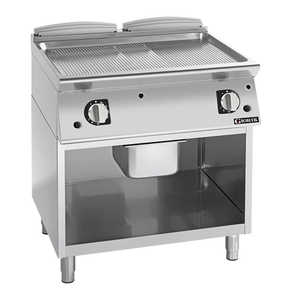 Giorik 900 Series 800mm wide Ribbed Satin Chrome Gas Frytop on Open Base FRG941GCRXT