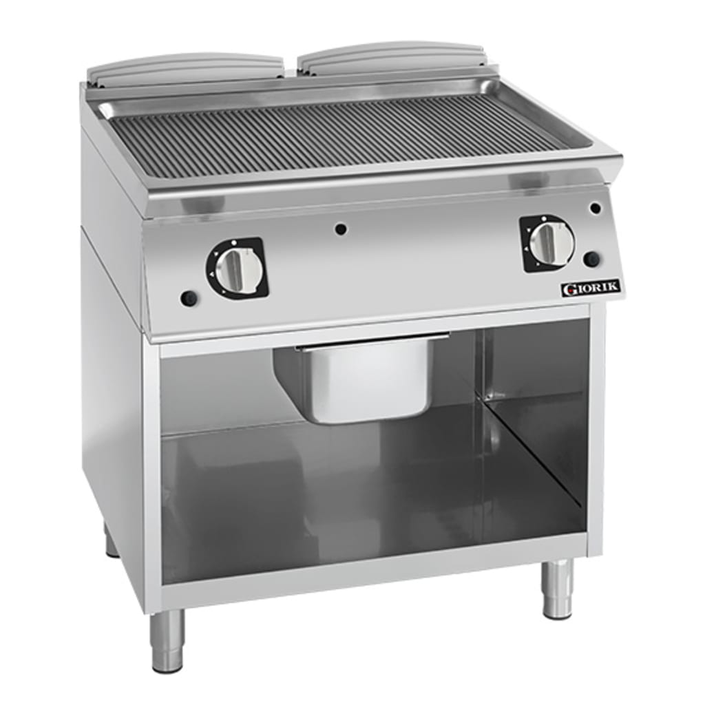 Giorik 900 Series 800mm wide Ribbed Mild Steel Gas Frytop on Open Base FRG941GFT