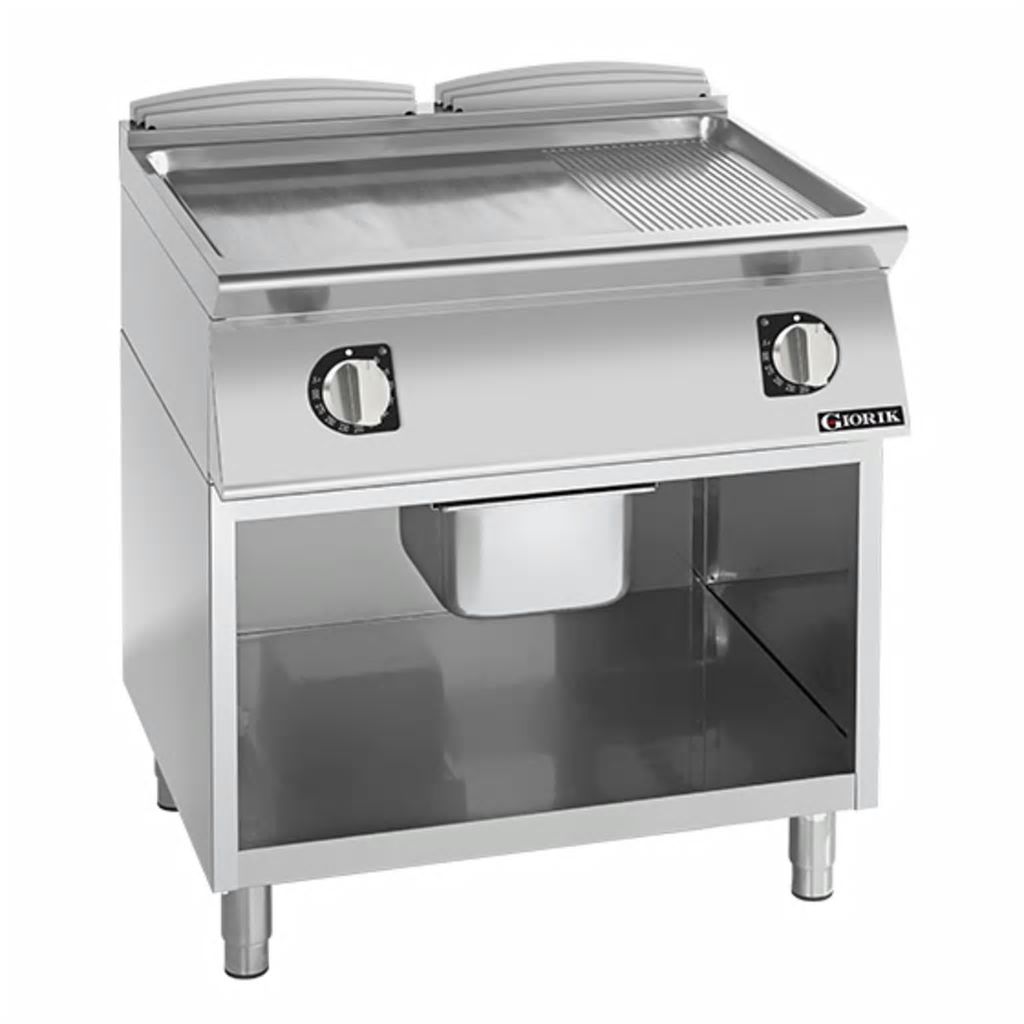 Giorik 900 Series 800mm wide Half Ribbed Half Smooth Satin Chrome Electric Frytop on Open Base FME941GCRXT