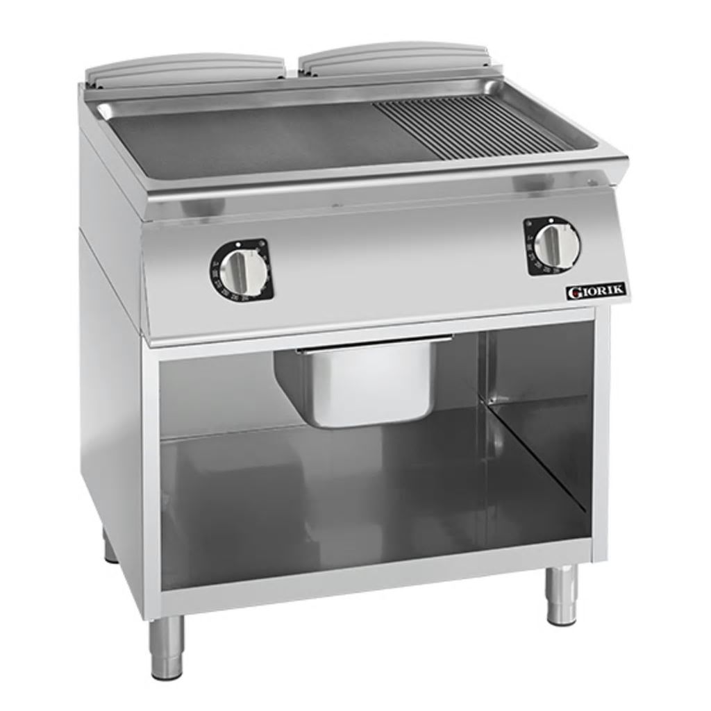 Giorik 700 Series 800mm wide Half Ribbed Half Smooth Mild Steel Plate Electric Frytop on Open Base FME741GFT