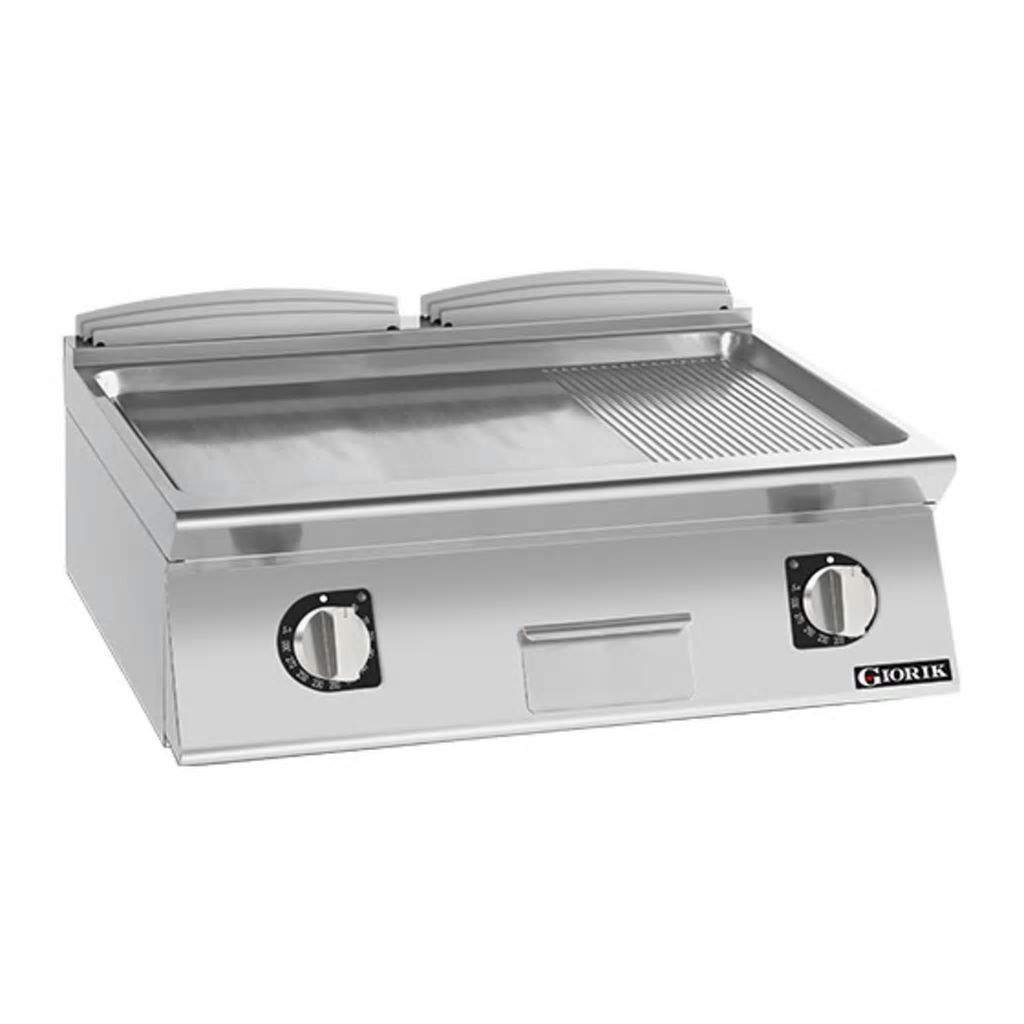 Giorik 700 Series 800mm wide Half Ribbed Half Smooth Satin Chrome Plate Electric Frytop FME741TCRXT