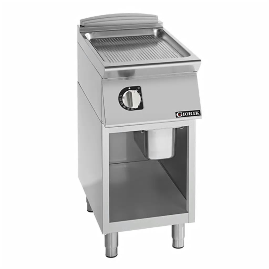 Giorik 700 Series 400mm wide Ribbed Satin Chrome Electric Frytop on Open Base FRE72GCRXT