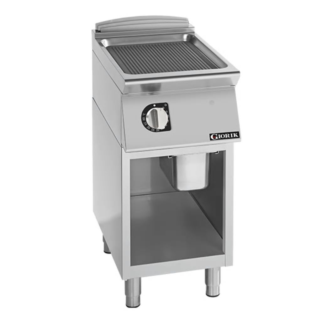 Giorik 700 Series 400mm wide Ribbed Mild Steel Electric Frytop on Open Base FRE72GFT