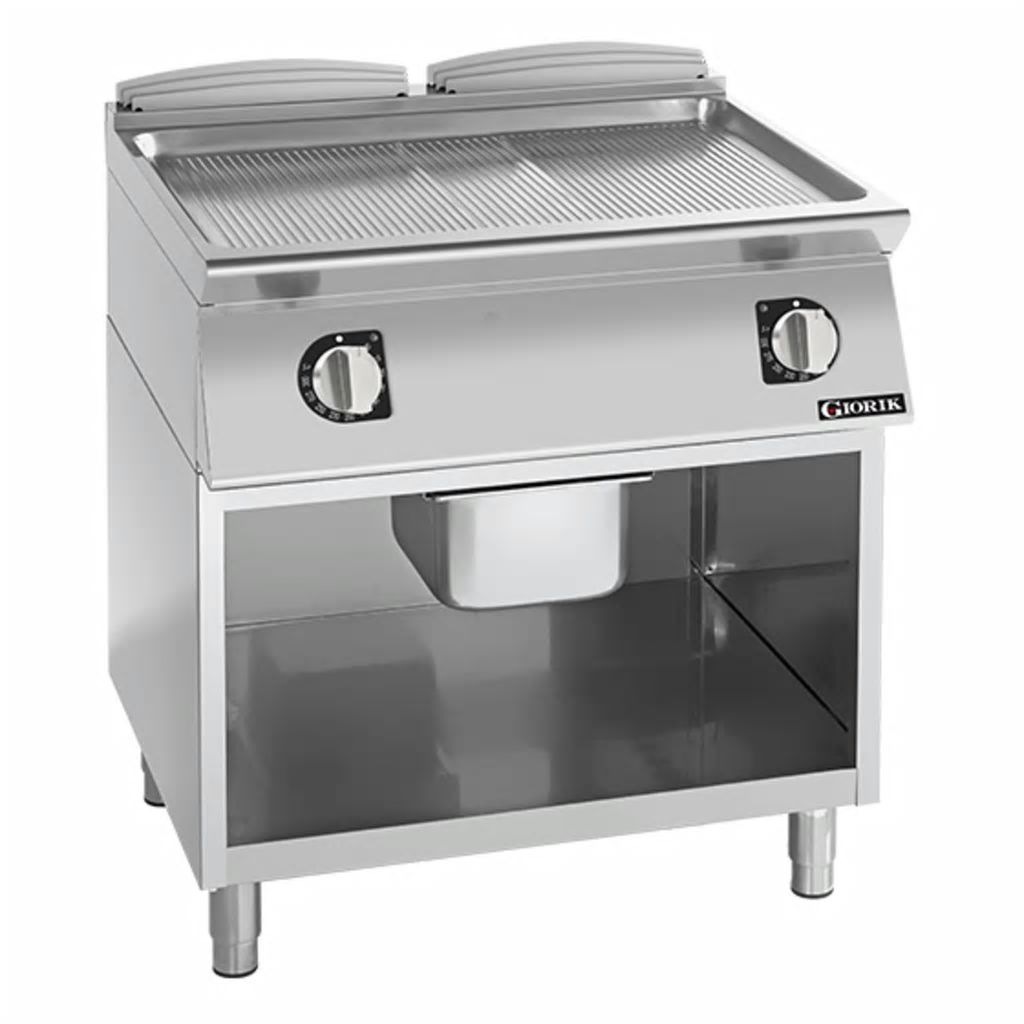 Giorik 700 Series 800mm wide Ribbed Satin Chrome Electric Frytop on Open Base FRE741GCRXT