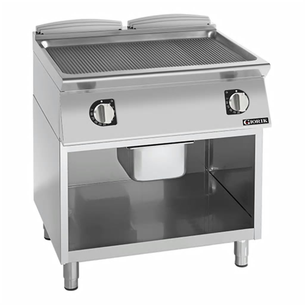 Giorik 700 Series 800mm wide Ribbed Mild Steel Electric Frytop on Open Base FRE741GFT