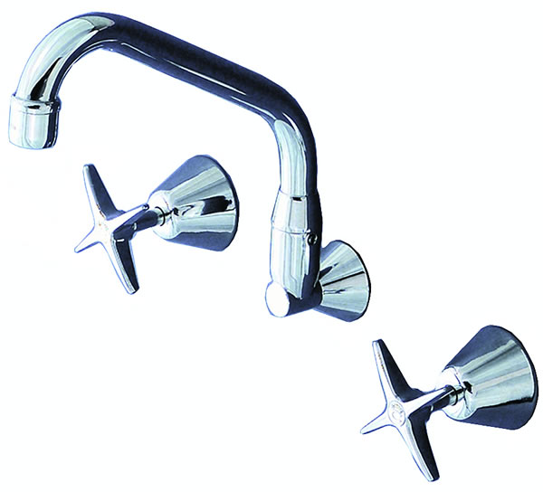 YZ315 Yellow Tapware Wall Mount Sink Set with 220mm Swing Aerated 220mm Spout, Jumper Valve, Concealed Mixer & 4 Arm Handles